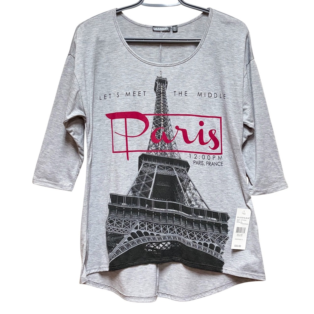 Hannah Paris Eiffel Tower Graphic Top Gray Rhinestone 3/4 Sleeve Small NWT